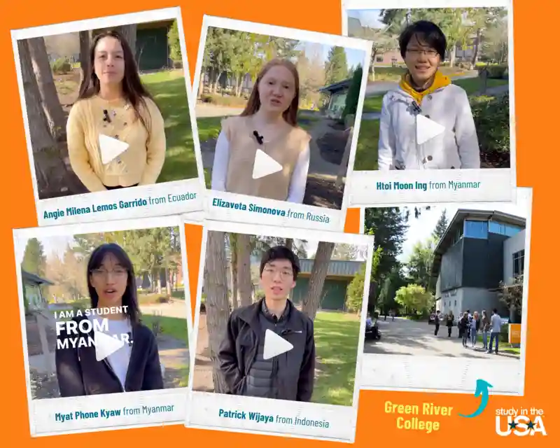 International students like Angie from Ecuador, Patrick from Indonesia, Htoi from Myanmar, Elizaveta from Russia, and Myat from Myanmar praise Green River College for its supportive community, engaging academics, inclusivity,